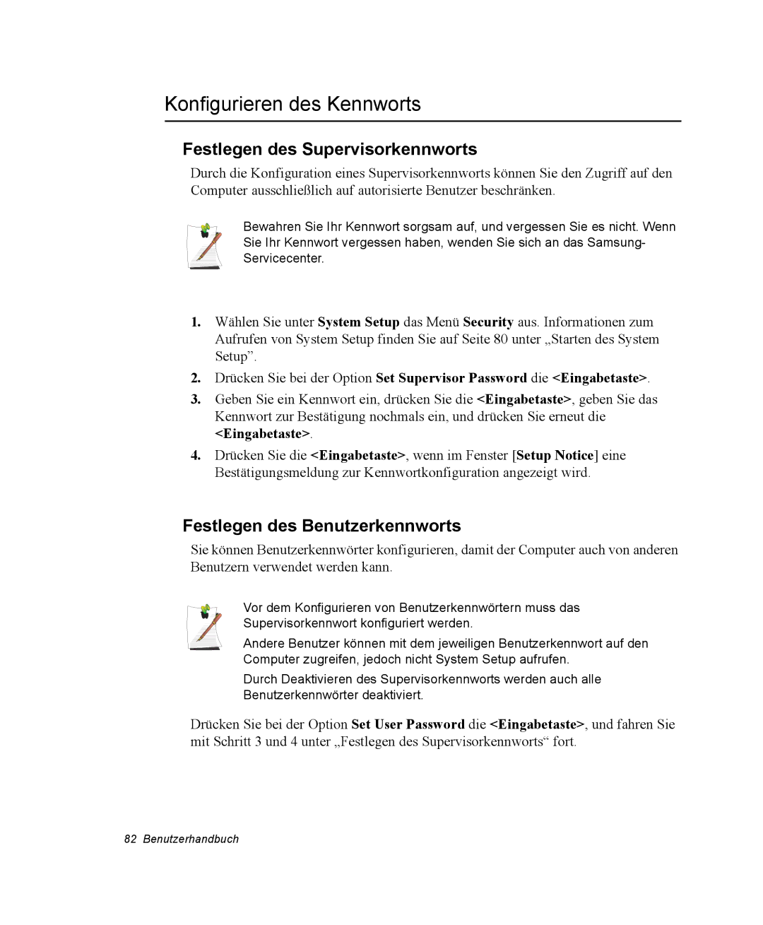 Samsung NX15PRTV01/SCH Konfigurieren des Kennworts, Festlegen des Supervisorkennworts, Festlegen des Benutzerkennworts 