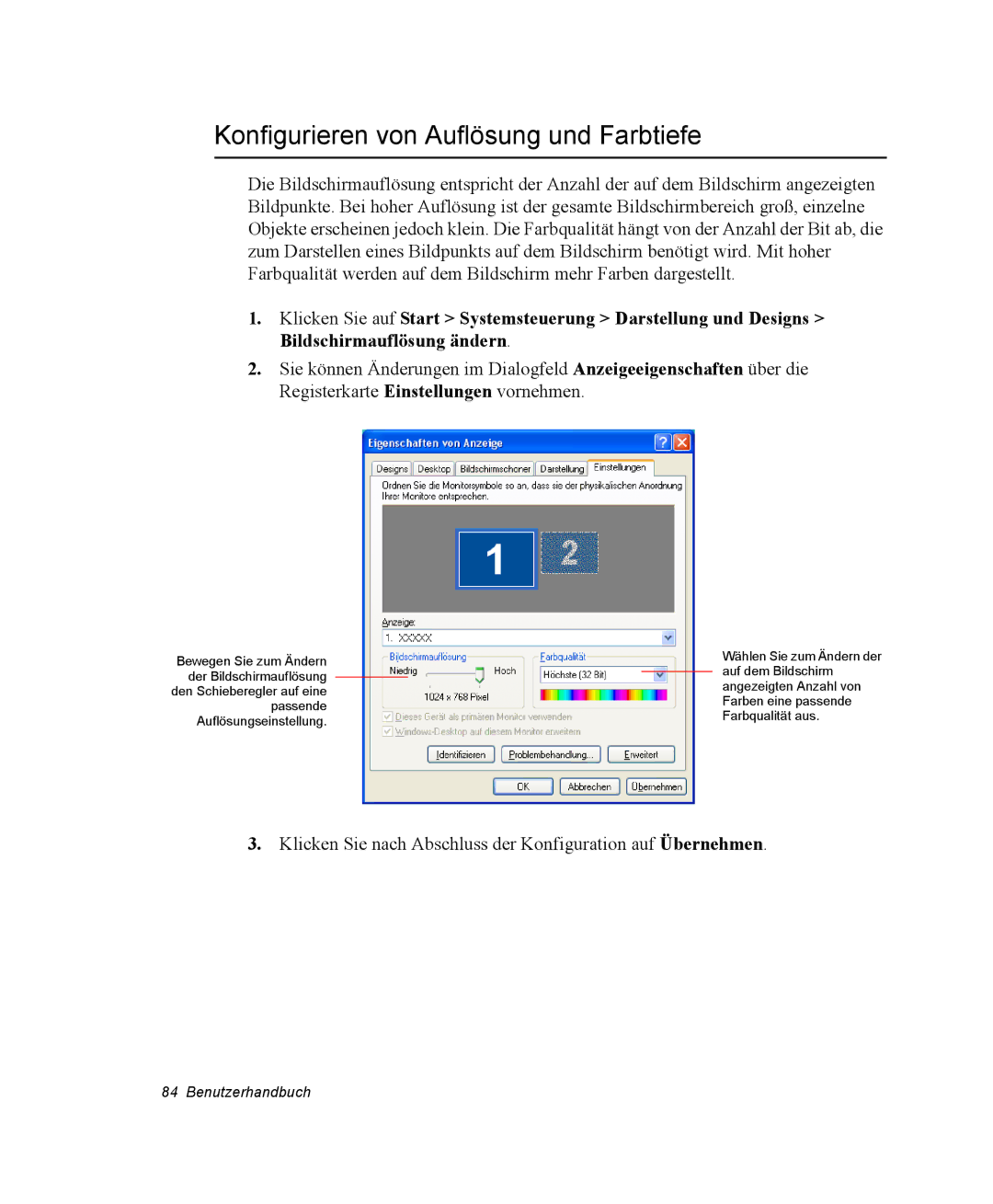 Samsung NX15PRTV01/SCH manual Konfigurieren von Auflösung und Farbtiefe 