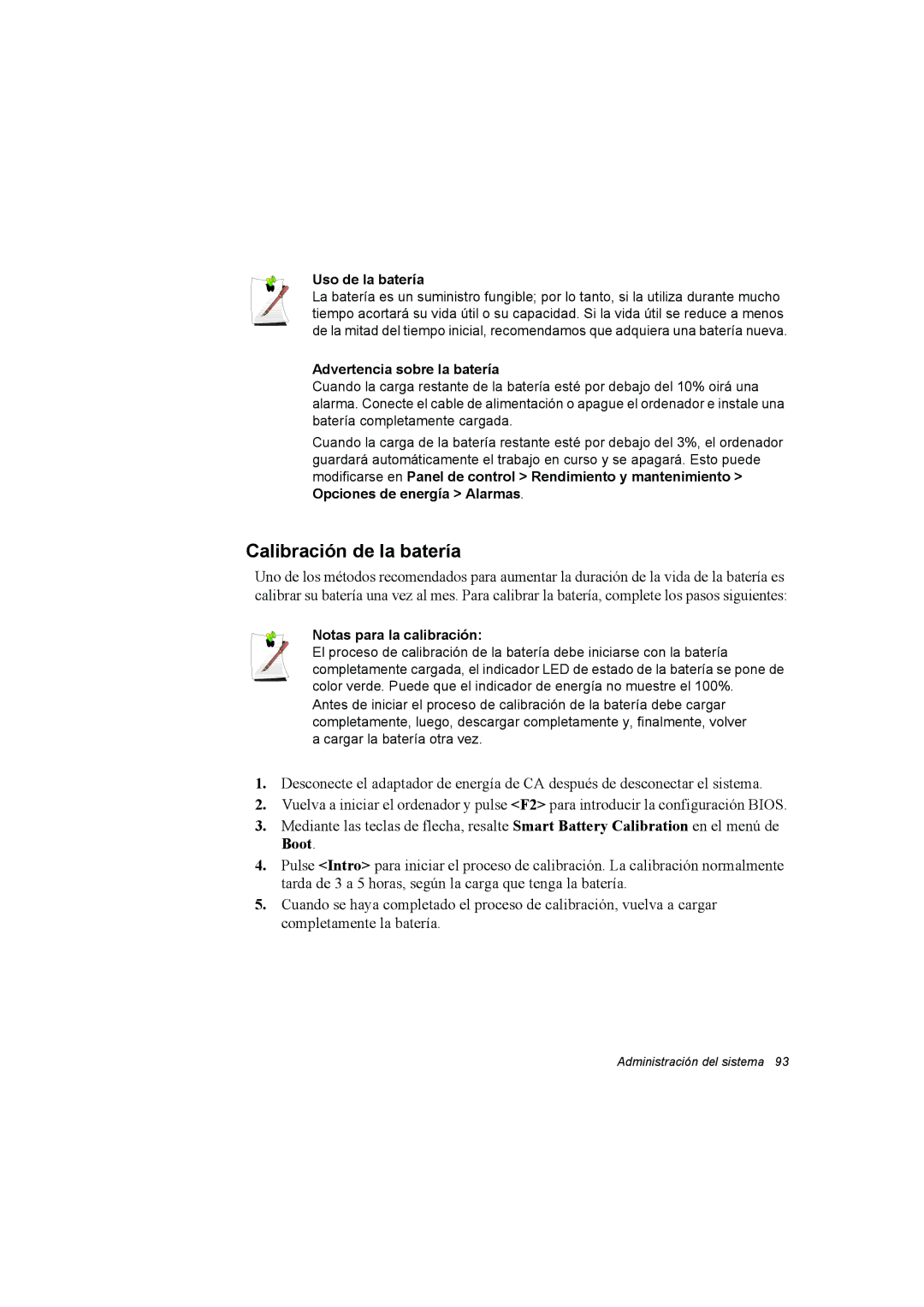 Samsung NX15TVDTVY/SES, NX15RV75KX/SES manual Calibración de la batería, Uso de la batería, Advertencia sobre la batería 