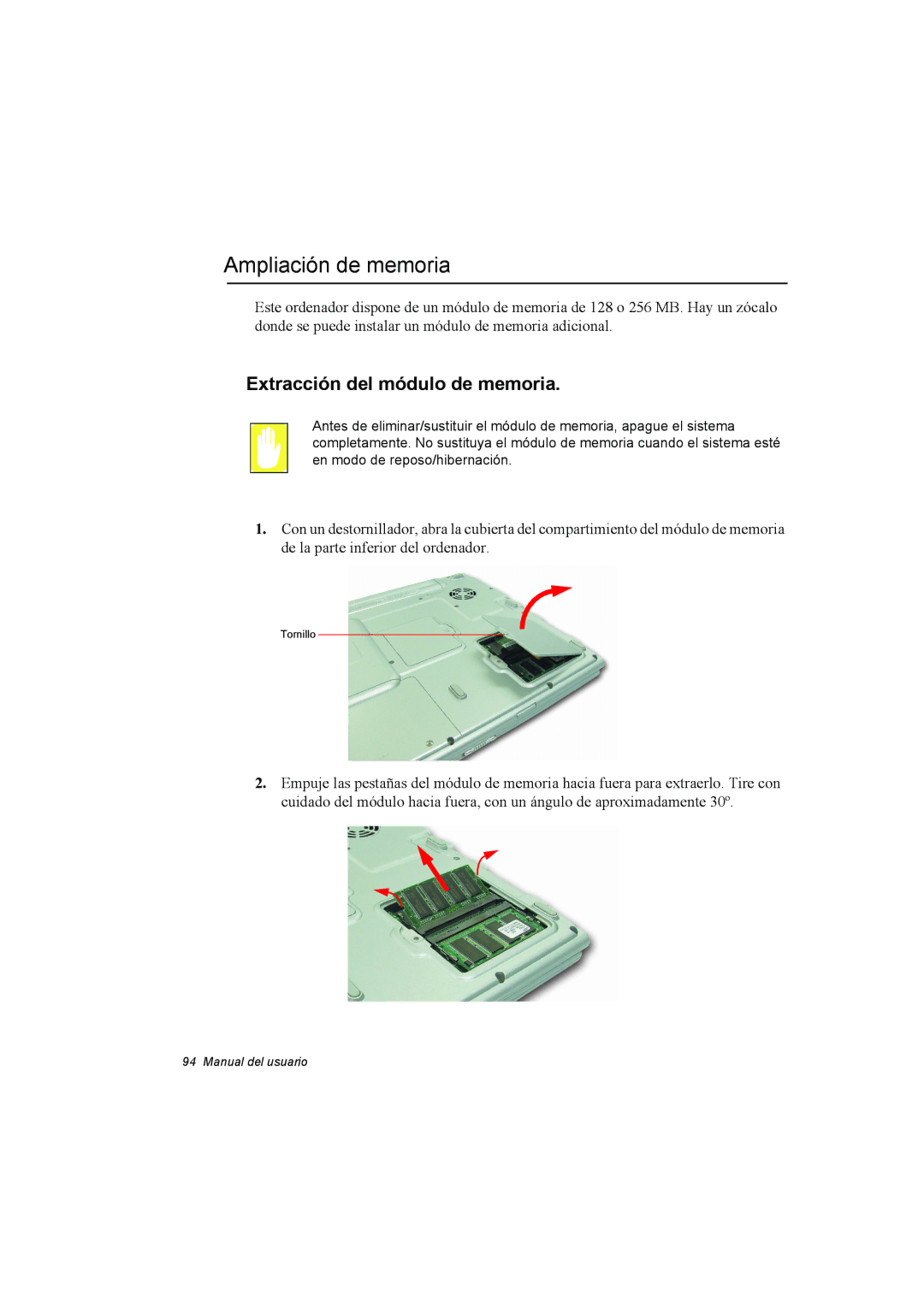 Samsung NX15THDTXC/SES, NX15RV75KX/SES, NX15TVDTVY/SES manual Ampliación de memoria, Extracción del módulo de memoria 