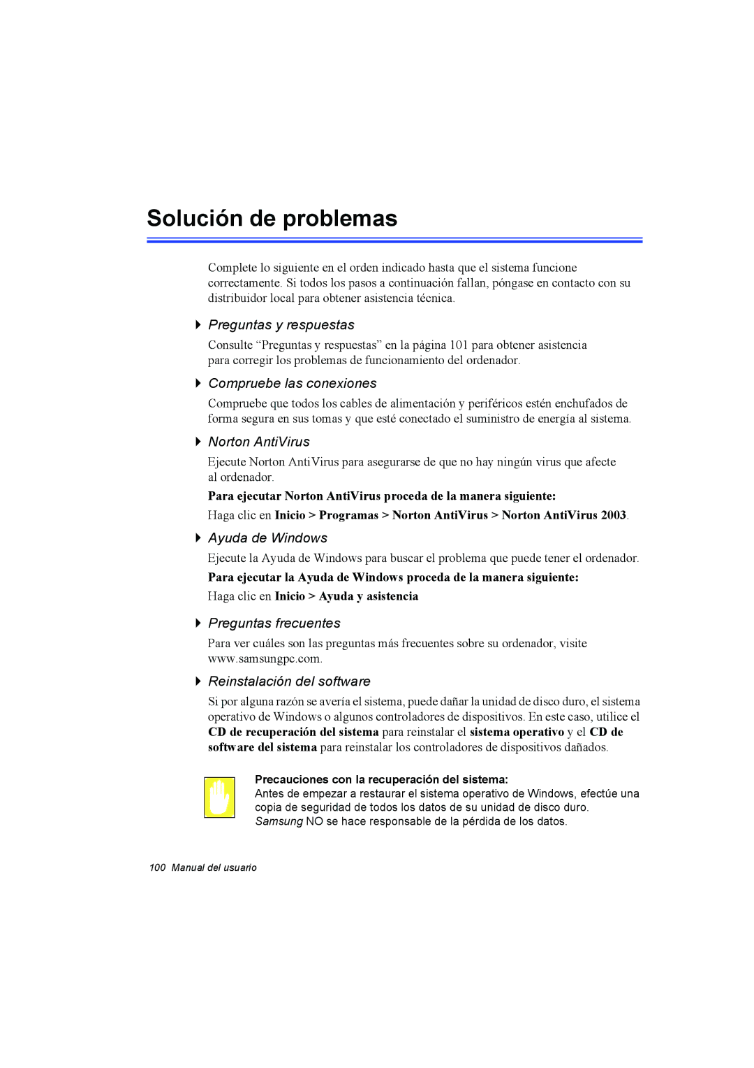 Samsung NX15THDTXC/SES, NX15RV75KX/SES, NX15TVDTVY/SES manual Solución de problemas 