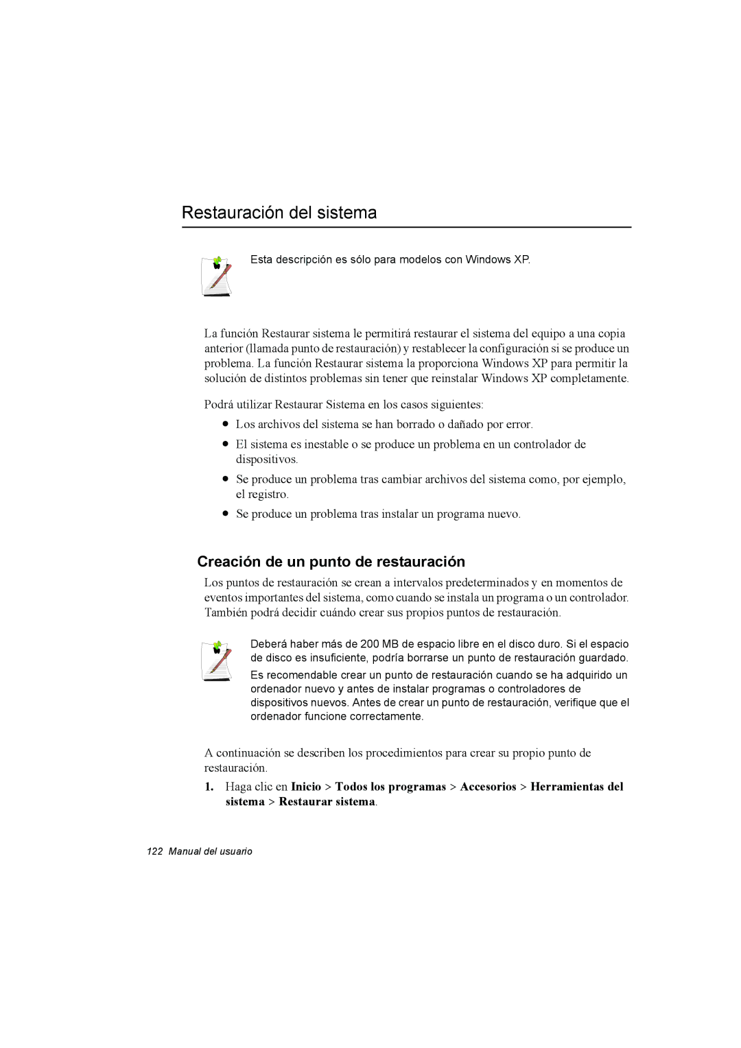 Samsung NX15RV75KX/SES, NX15TVDTVY/SES, NX15THDTXC/SES manual Restauración del sistema, Creación de un punto de restauración 