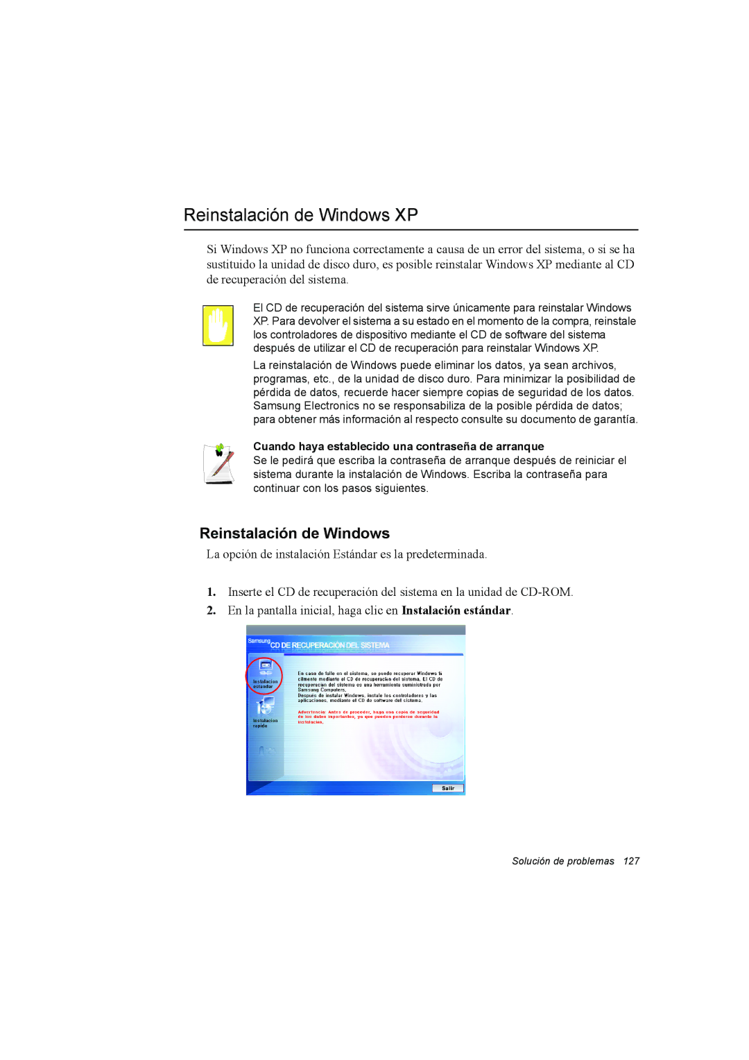 Samsung NX15THDTXC/SES, NX15RV75KX/SES Reinstalación de Windows XP, Cuando haya establecido una contraseña de arranque 