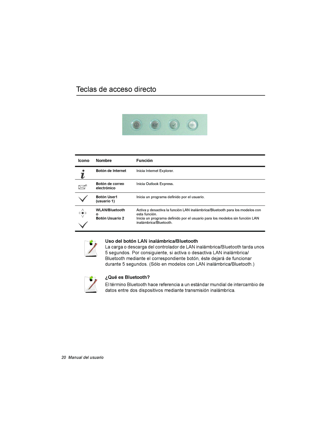 Samsung NX15RV75KX/SES manual Teclas de acceso directo, Uso del botón LAN inalámbrica/Bluetooth, ¿Qué es Bluetooth? 