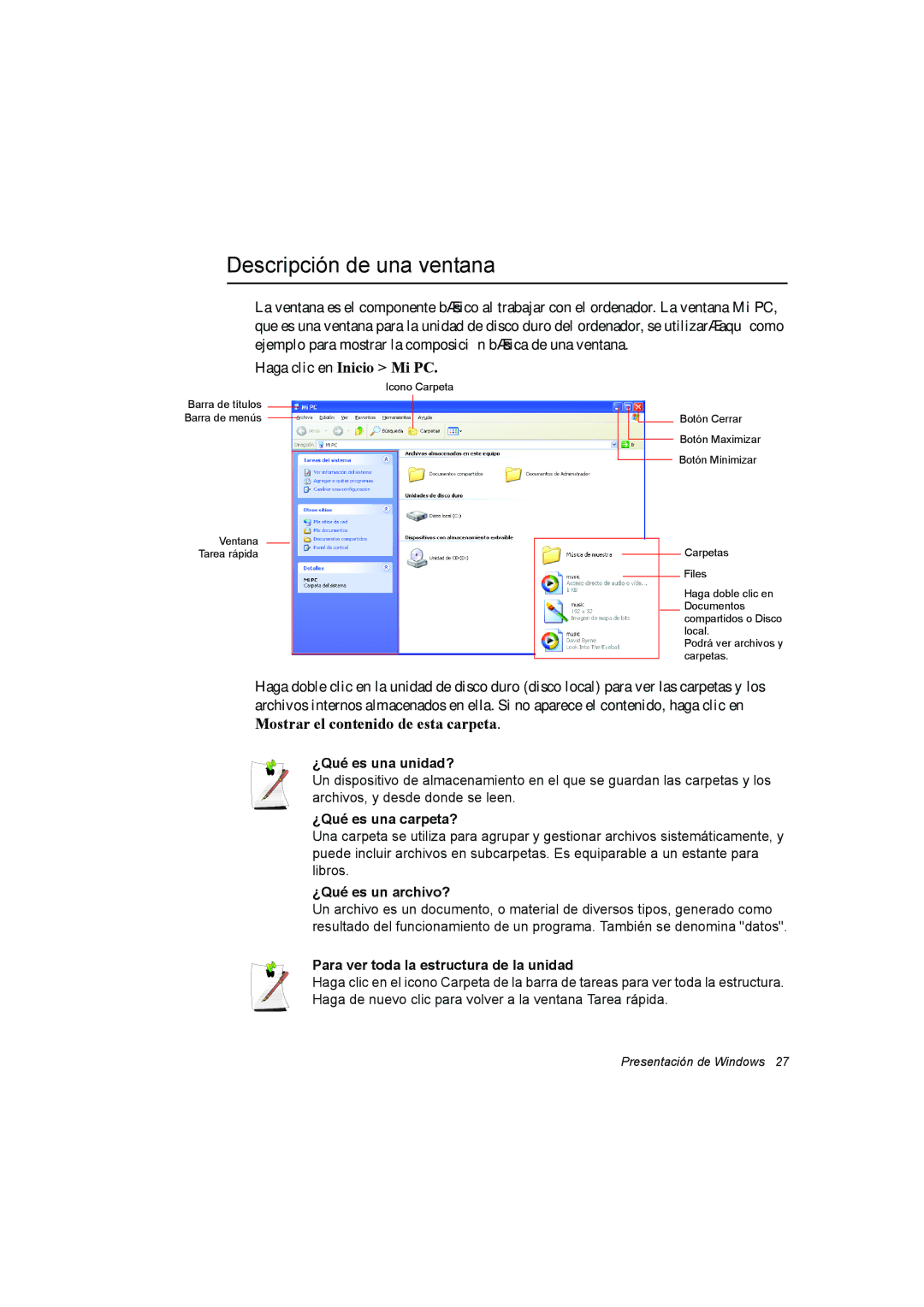 Samsung NX15TVDTVY/SES, NX15RV75KX/SES, NX15THDTXC/SES manual Descripción de una ventana, Haga clic en Inicio Mi PC 