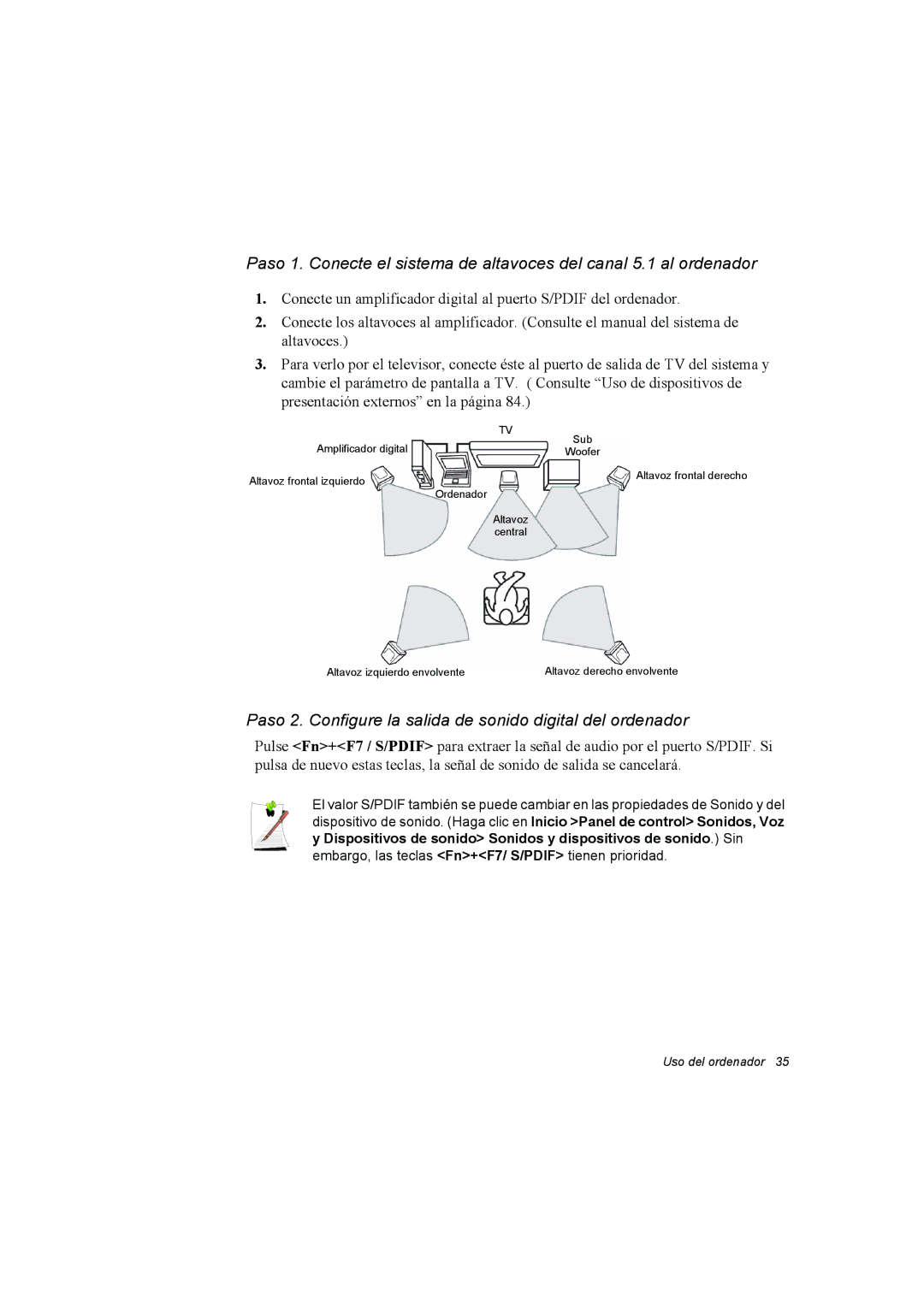 Samsung NX15RV75KX/SES, NX15TVDTVY/SES, NX15THDTXC/SES manual Paso 2. Configure la salida de sonido digital del ordenador 