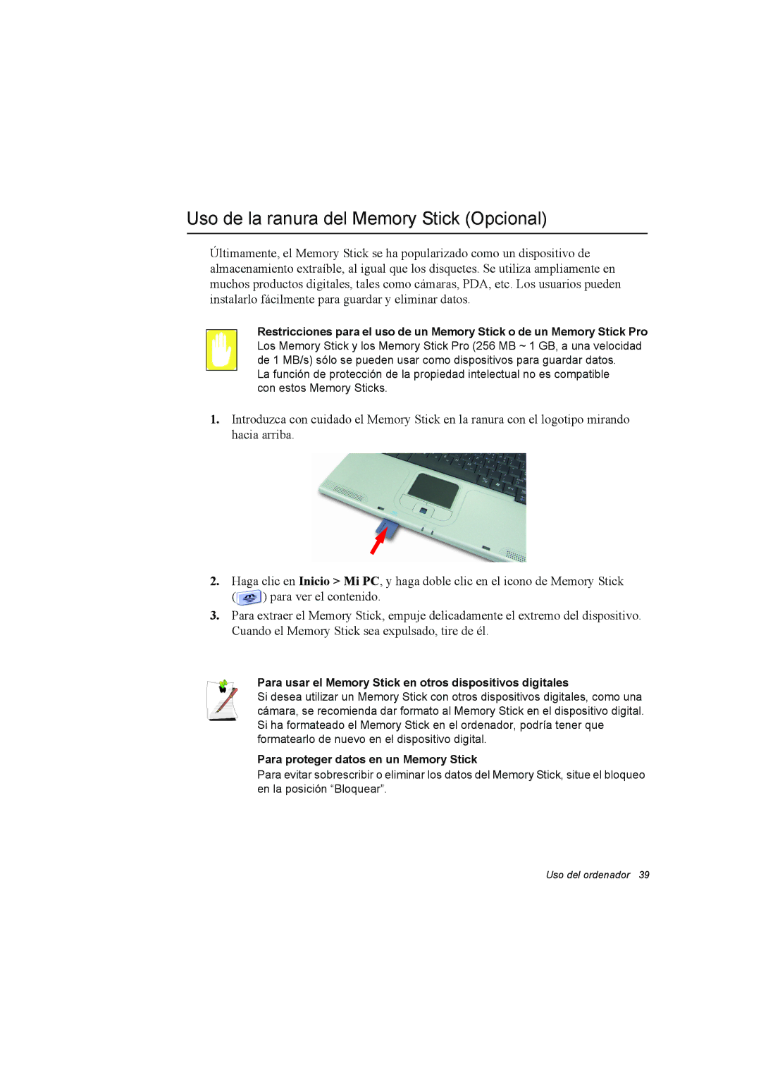 Samsung NX15TVDTVY/SES, NX15RV75KX/SES Uso de la ranura del Memory Stick Opcional, Para proteger datos en un Memory Stick 