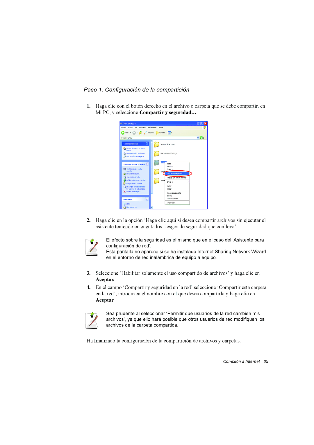 Samsung NX15RV75KX/SES, NX15TVDTVY/SES, NX15THDTXC/SES manual Paso 1. Configuración de la compartición, Aceptar 