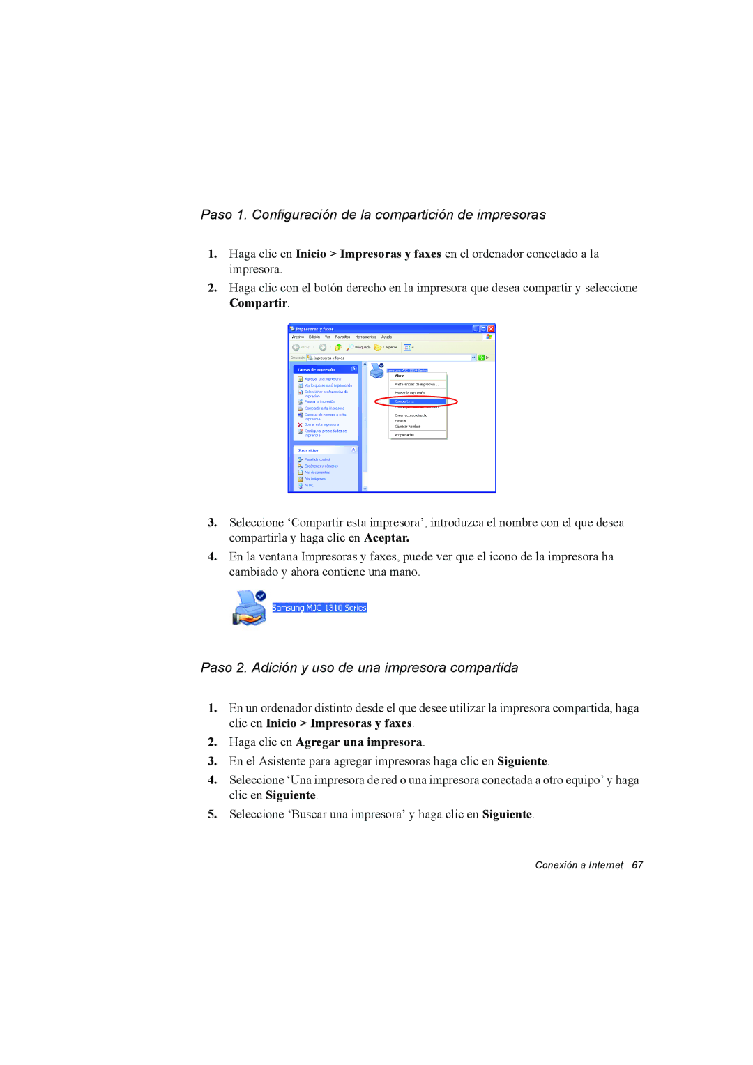 Samsung NX15THDTXC/SES manual Paso 1. Configuración de la compartición de impresoras, Haga clic en Agregar una impresora 