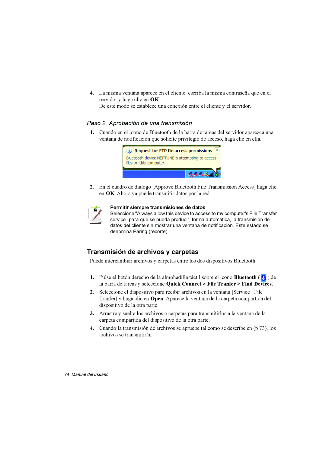 Samsung NX15RV75KX/SES, NX15TVDTVY/SES manual Transmisión de archivos y carpetas, Paso 2. Aprobación de una transmisión 