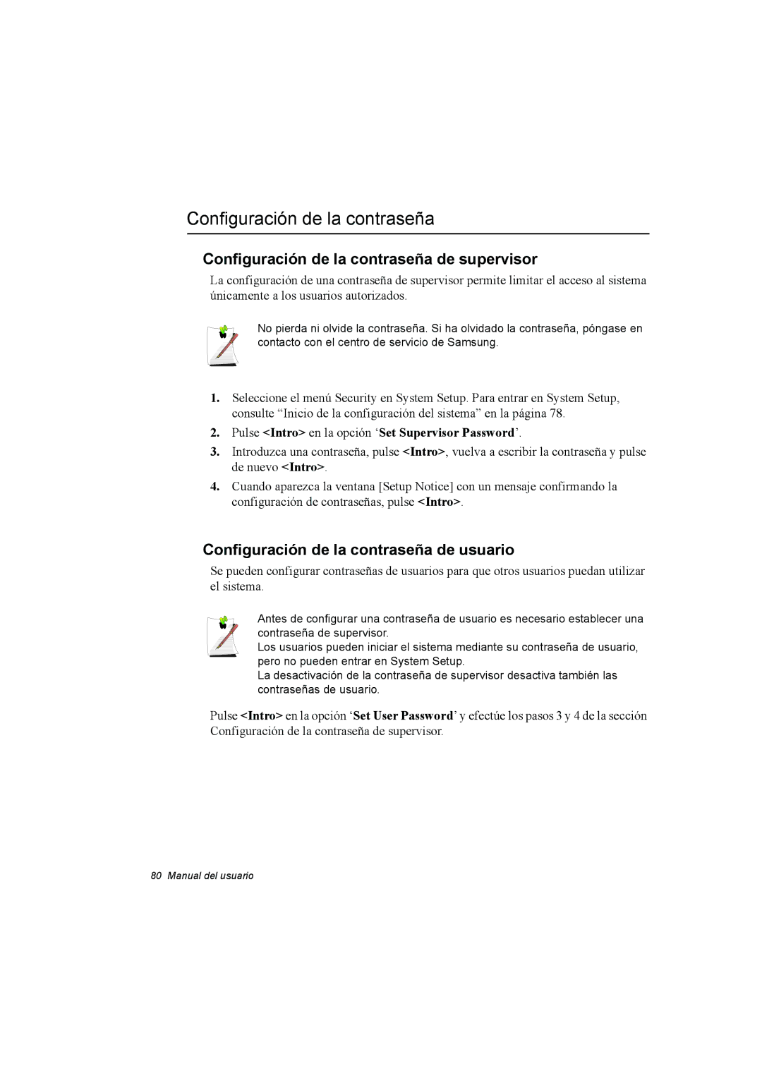 Samsung NX15RV75KX/SES manual Configuración de la contraseña de supervisor, Configuración de la contraseña de usuario 