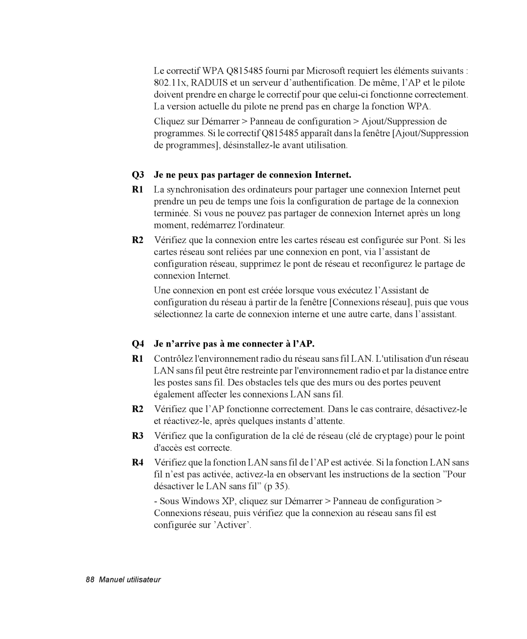 Samsung NX15TPHGW2/SEF manual Q3 Je ne peux pas partager de connexion Internet, Q4 Je n’arrive pas à me connecter à l’AP 