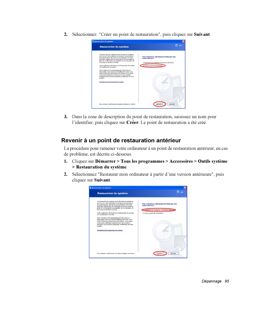 Samsung NX15RP1R78/SEF, NX15TPDCRF/SEF, NX15TPHGVQ/SEF, NX15PRT001/SEF manual Revenir à un point de restauration antérieur 