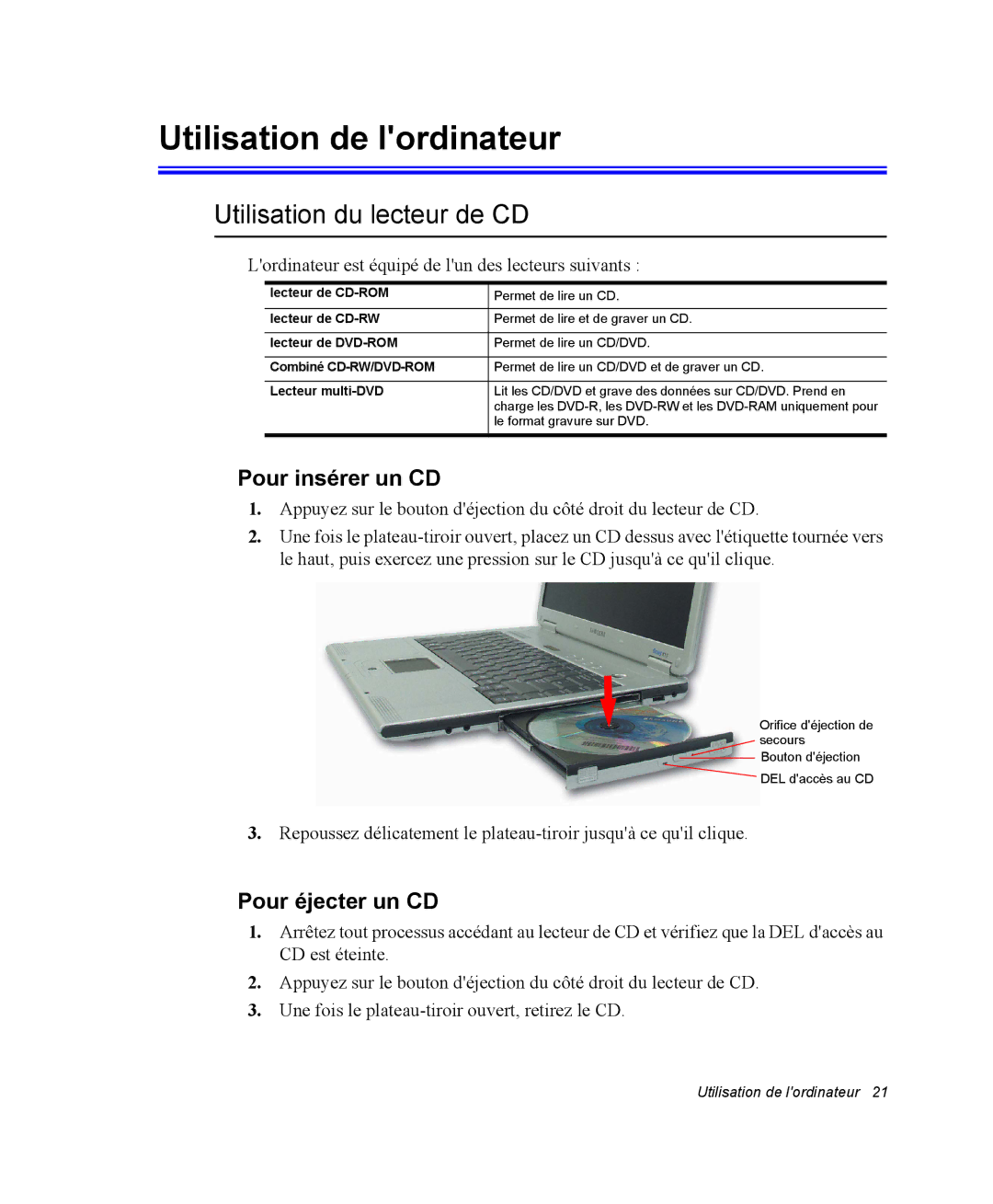 Samsung NX15RP0RCN/SEF Utilisation de lordinateur, Utilisation du lecteur de CD, Pour insérer un CD, Pour éjecter un CD 