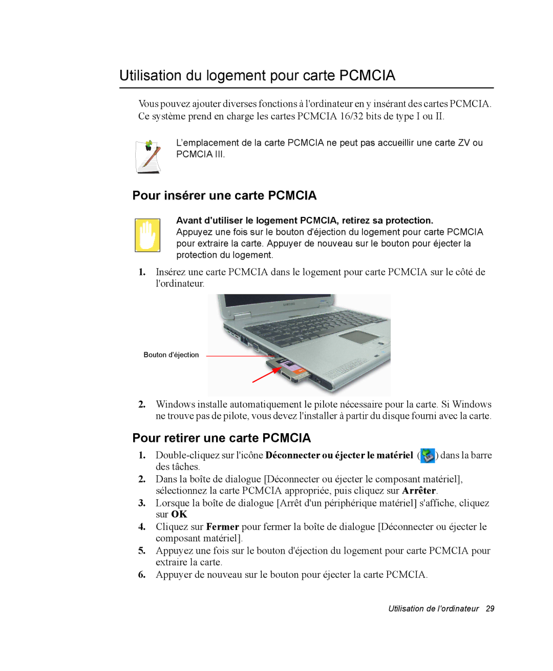 Samsung NX15RJ1L7U/SEF, NX15TPDCRF/SEF manual Utilisation du logement pour carte Pcmcia, Pour insérer une carte Pcmcia 