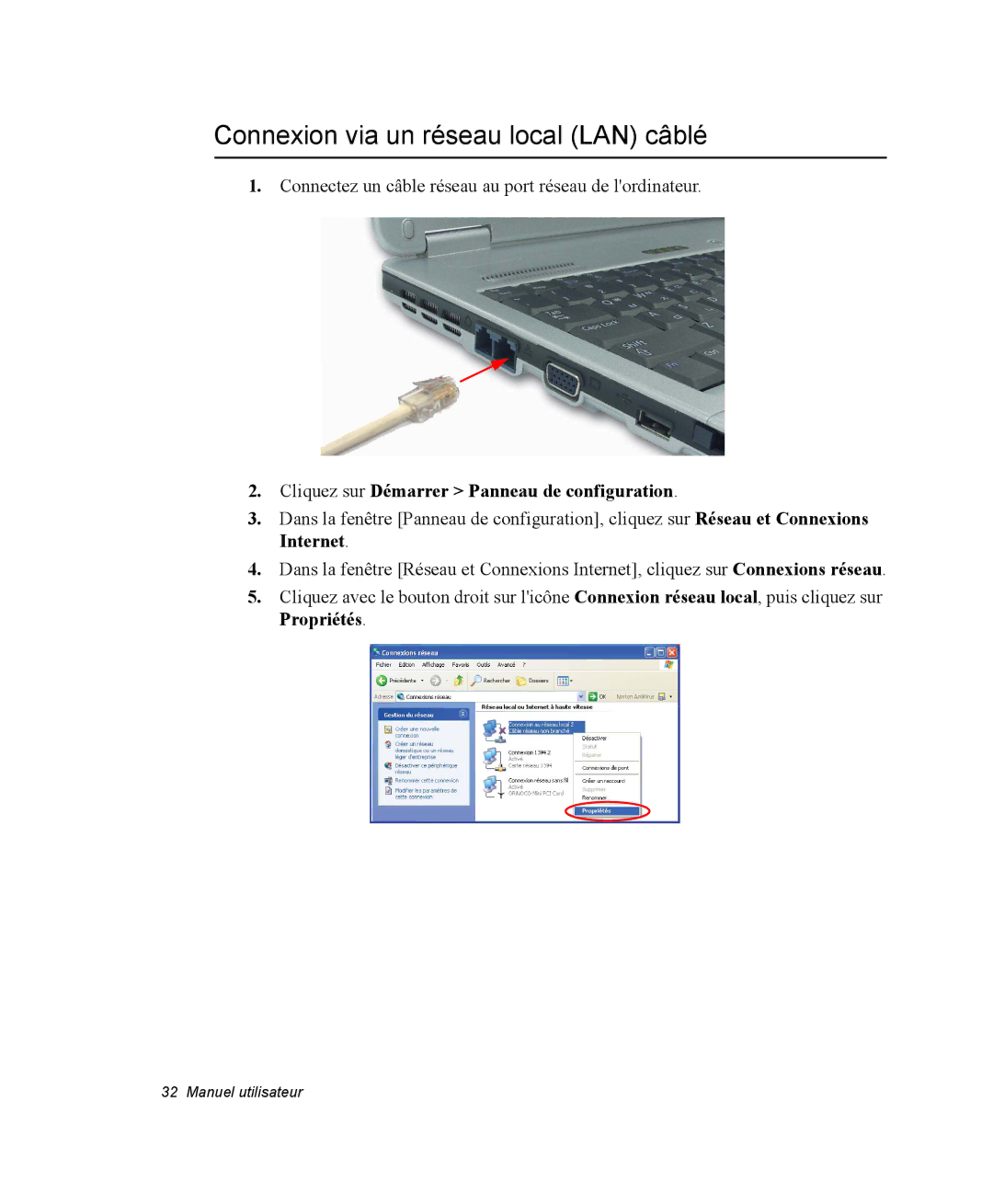 Samsung NX15TPDCRF/SEF manual Connexion via un réseau local LAN câblé, Cliquez sur Démarrer Panneau de configuration 