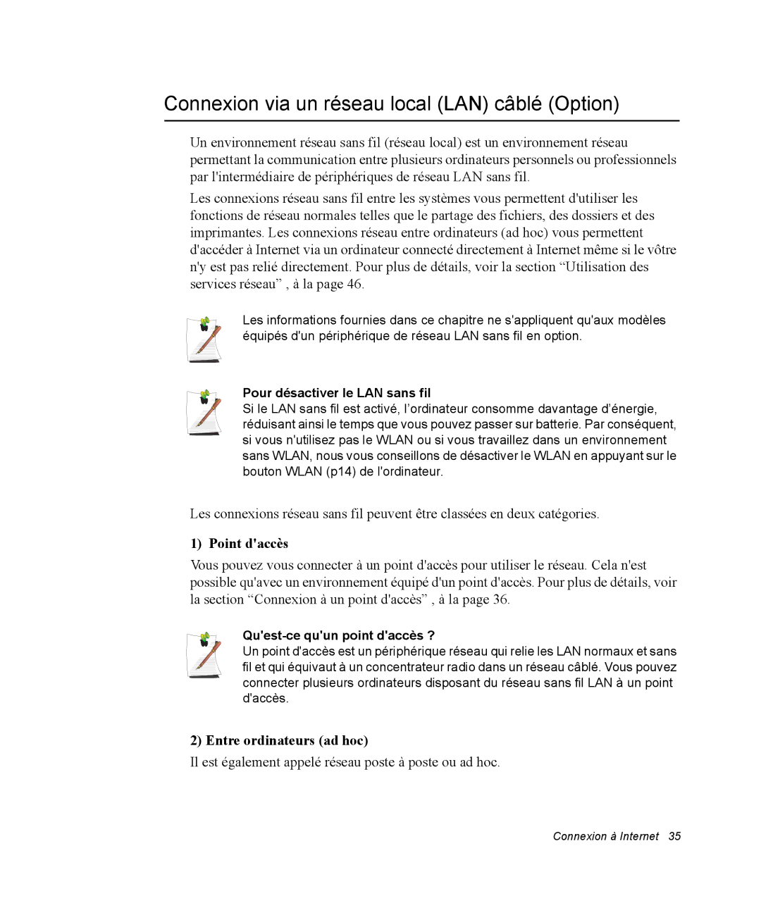 Samsung NX15RP1R78/SEF manual Connexion via un réseau local LAN câblé Option, Point daccès, Entre ordinateurs ad hoc 