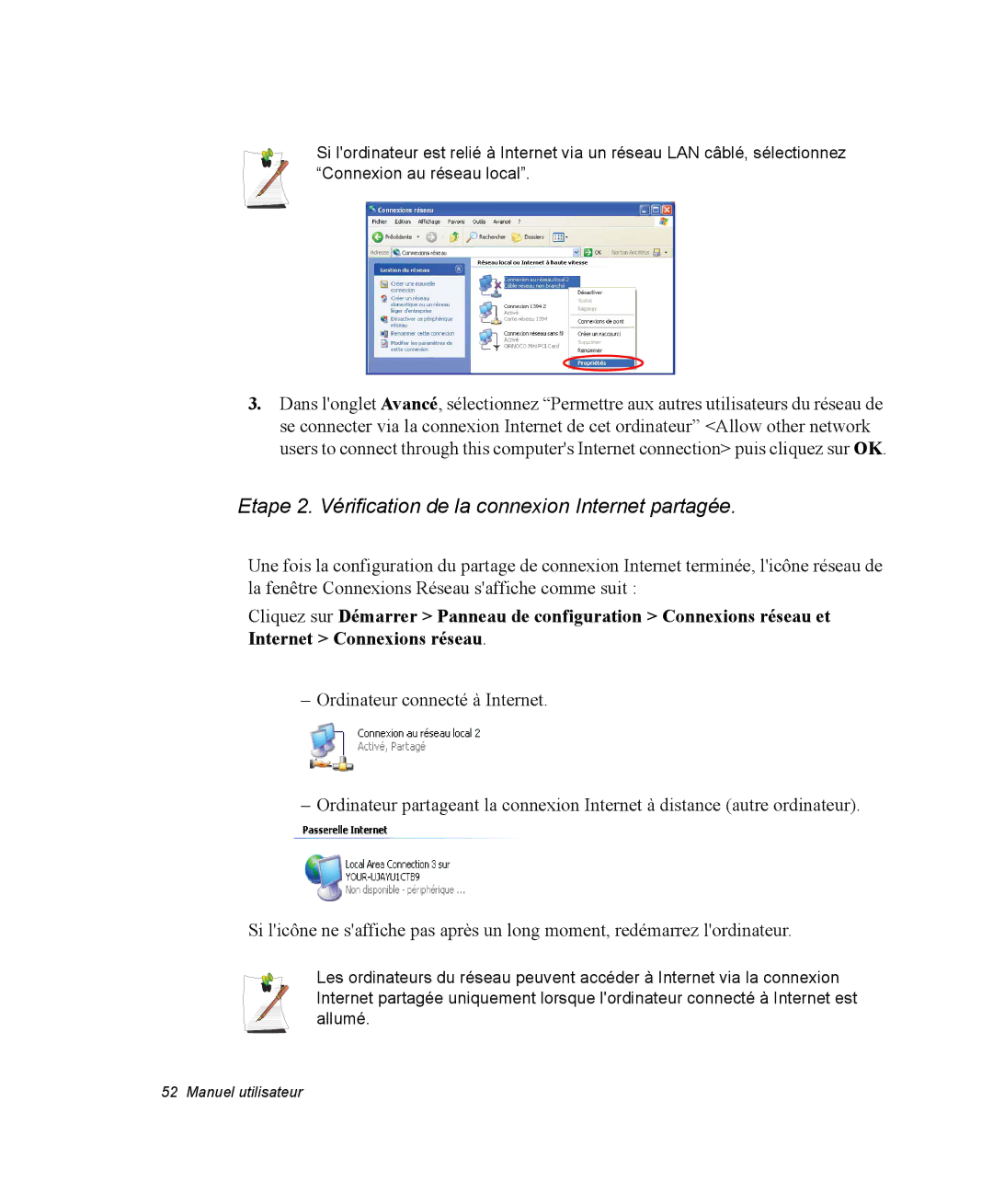 Samsung NX15RP0R5L/SEF, NX15TPDCRF/SEF, NX15TPHGVQ/SEF manual Etape 2. Vérification de la connexion Internet partagée 