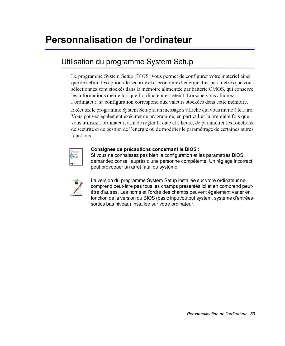 Samsung NX15RPBGYH/SEF, NX15TPDCRF/SEF manual Personnalisation de lordinateur, Utilisation du programme System Setup 