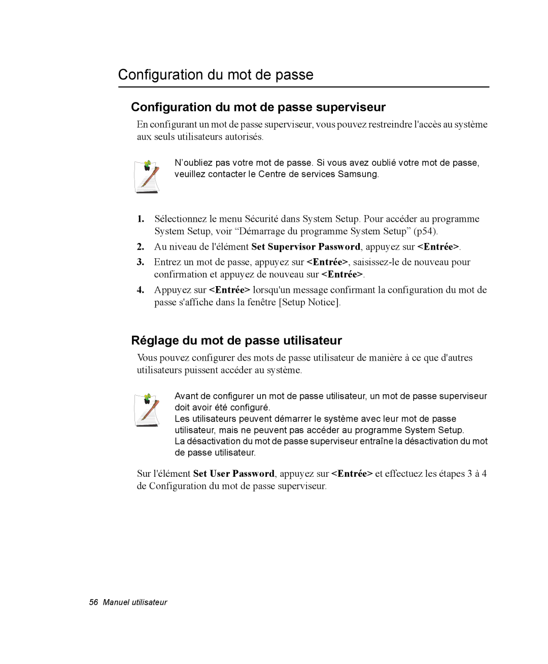 Samsung NX15TG1UYN/SEF, NX15TPDCRF/SEF Configuration du mot de passe superviseur, Réglage du mot de passe utilisateur 