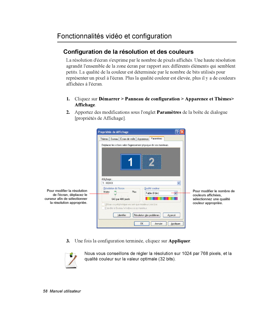 Samsung NX15TPHGW2/SEF manual Fonctionnalités vidéo et configuration, Configuration de la résolution et des couleurs 