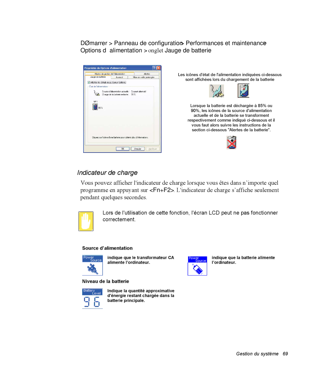 Samsung NX15RP1X1C/SEF, NX15TPDCRF/SEF, NX15TPHGVQ/SEF, NX15PRT001/SEF manual Indicateur de charge, Niveau de la batterie 