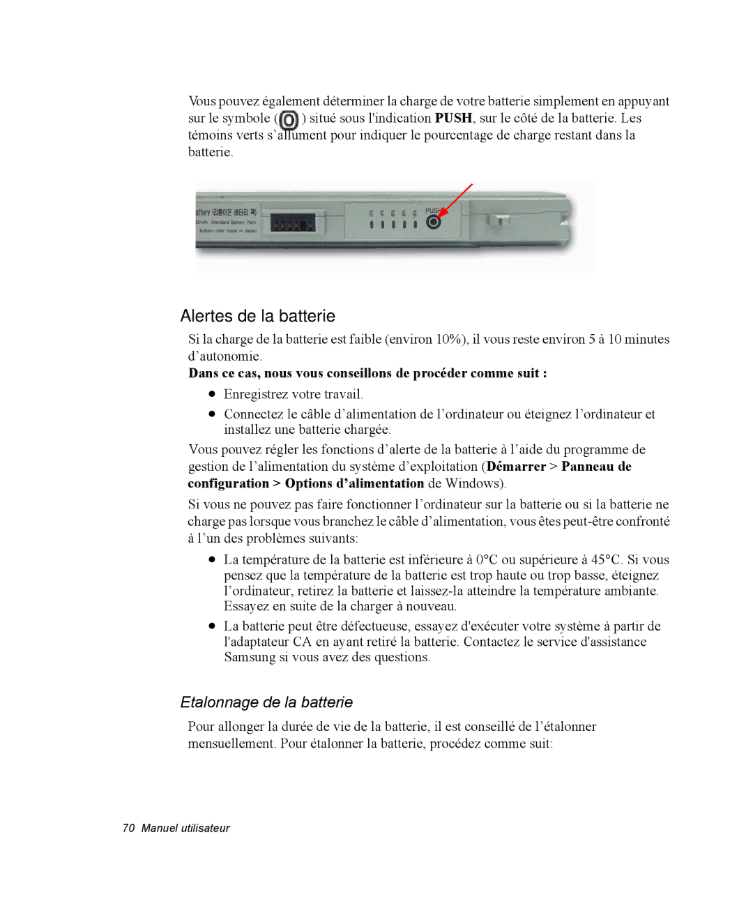 Samsung NX15TGCWP3/SEF Alertes de la batterie, Etalonnage de la batterie, Configuration Options d’alimentation de Windows 