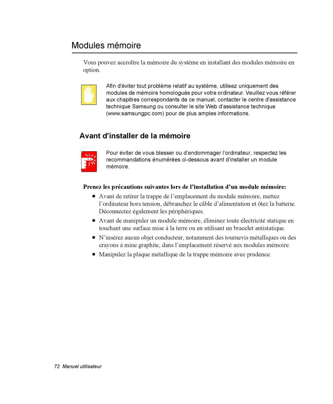 Samsung NX15RG7C7T/SEF, NX15TPDCRF/SEF, NX15TPHGVQ/SEF, NX15PRT001/SEF manual Modules mémoire, Avant d’installer de la mémoire 