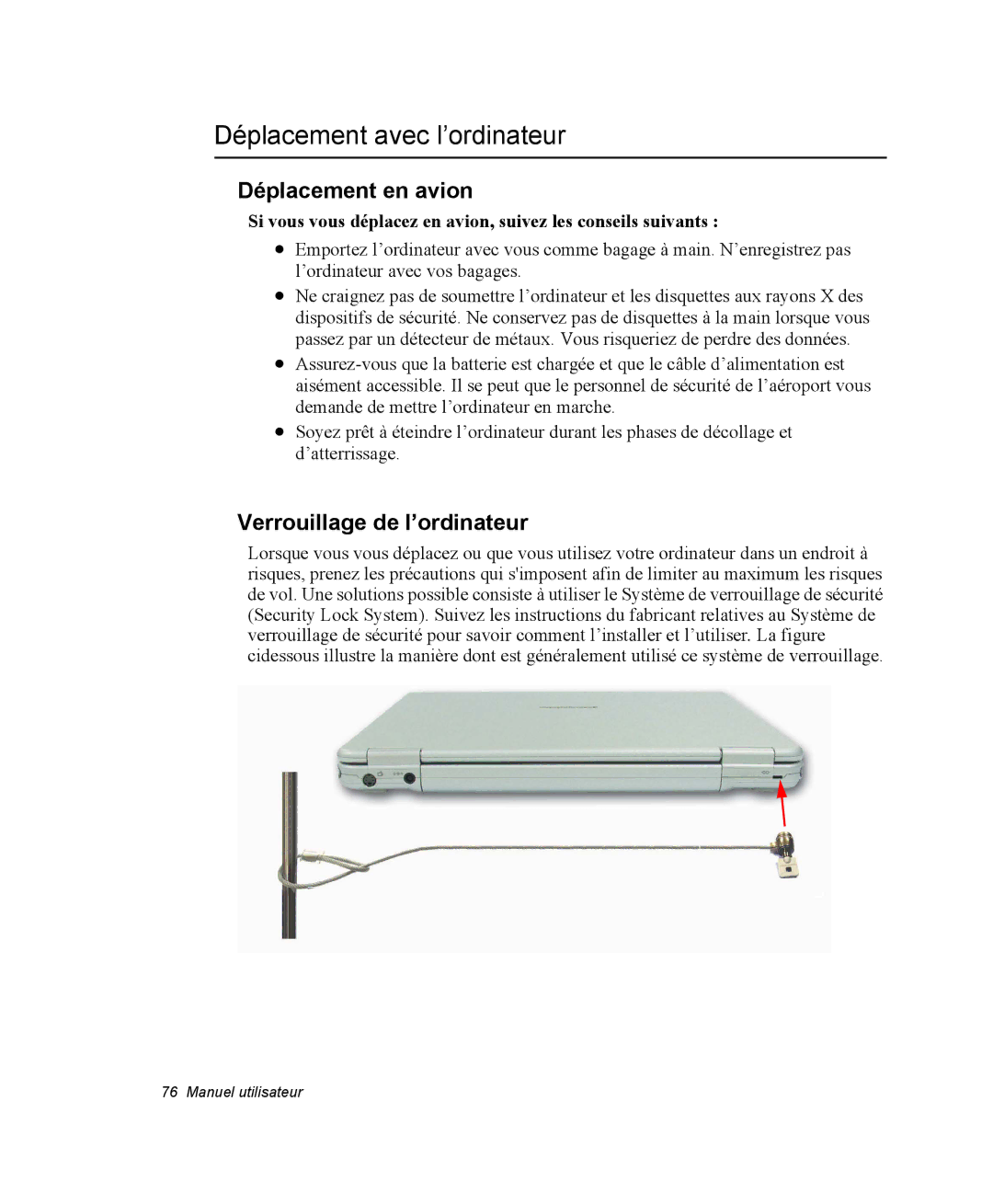 Samsung NX15RP1QFG/SEF, NX15TPDCRF/SEF Déplacement avec l’ordinateur, Déplacement en avion, Verrouillage de l’ordinateur 