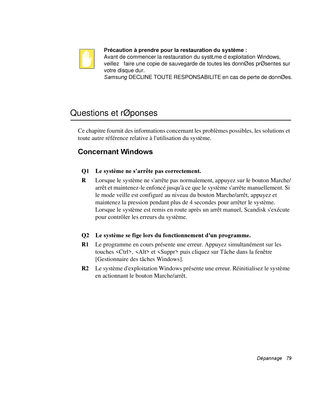 Samsung NX15PRT001/SEF manual Questions et réponses, Concernant Windows, Q1 Le système ne sarrête pas correctement 