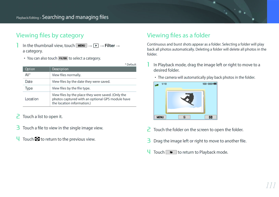 Samsung NX2000 111, Viewing files by category, Viewing files as a folder, Thumbnail view, touch → z → Filter → a category 