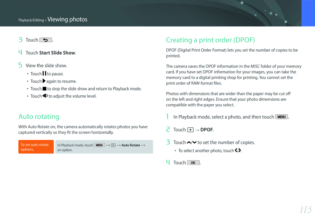 Samsung NX2000 user manual 115, Auto rotating, Creating a print order Dpof, View the slide show 