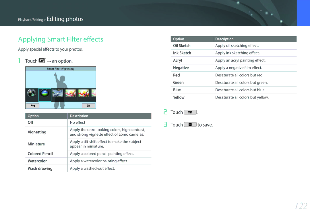 Samsung NX2000 user manual 122, Applying Smart Filter effects, Touch → an option, Apply special effects to your photos 