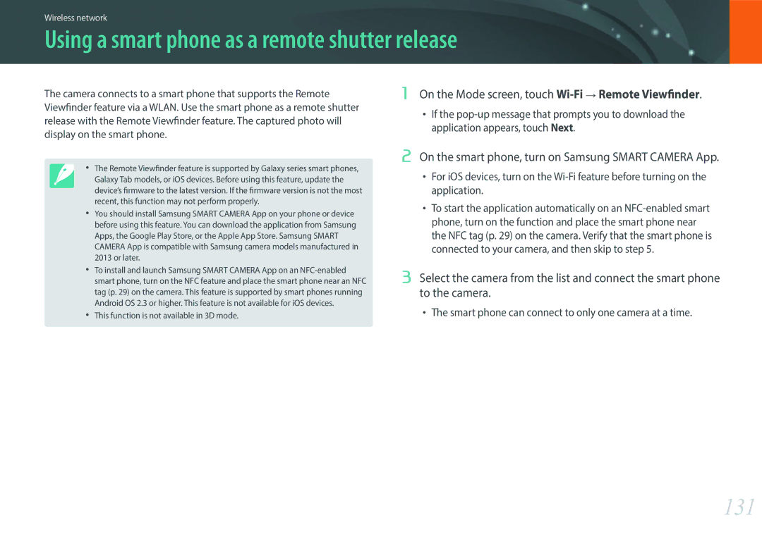 Samsung NX2000 Using a smart phone as a remote shutter release, 131, On the Mode screen, touch Wi-Fi→ Remote Viewfinder 