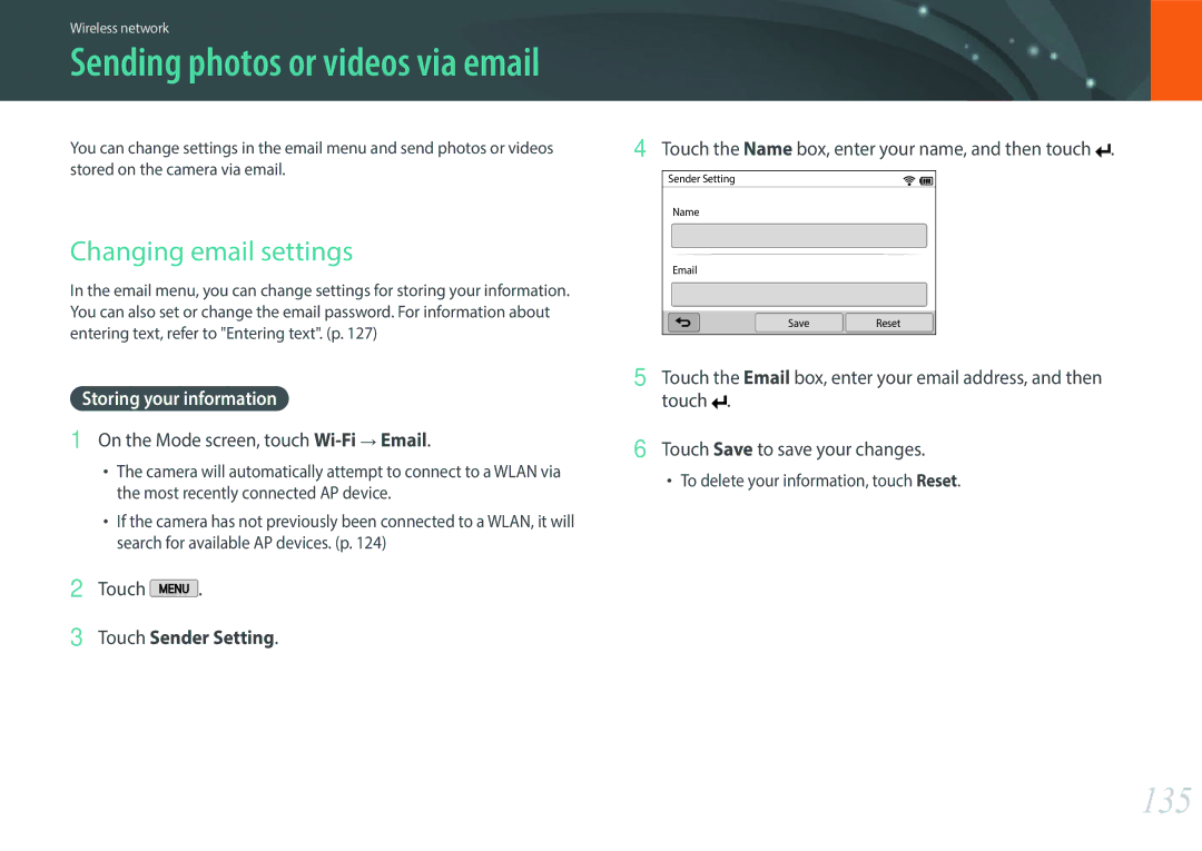 Samsung NX2000 user manual 135, Changing email settings, Storing your information, On the Mode screen, touch Wi-Fi→ Email 