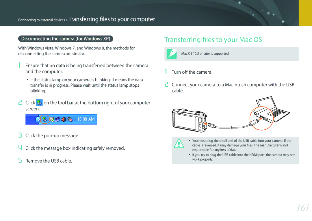 Samsung NX2000 user manual 161, Transferring files to your Mac OS, Disconnecting the camera for Windows XP 