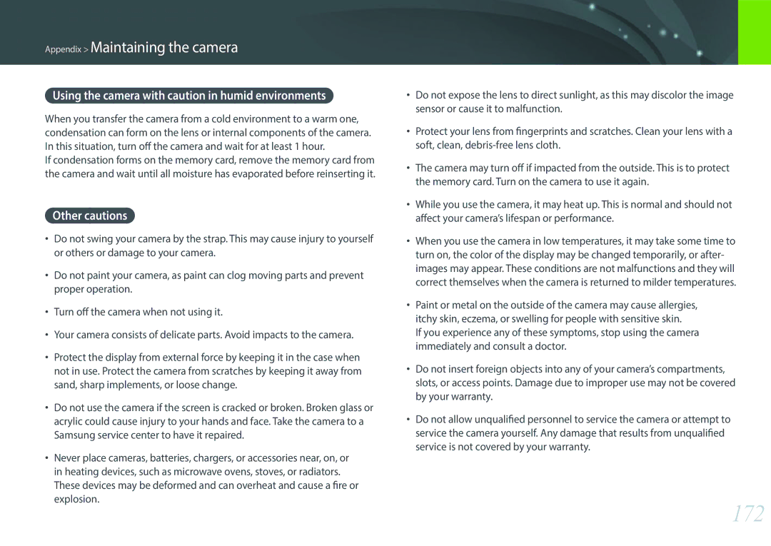 Samsung NX2000 user manual 172, Using the camera with caution in humid environments, Other cautions 