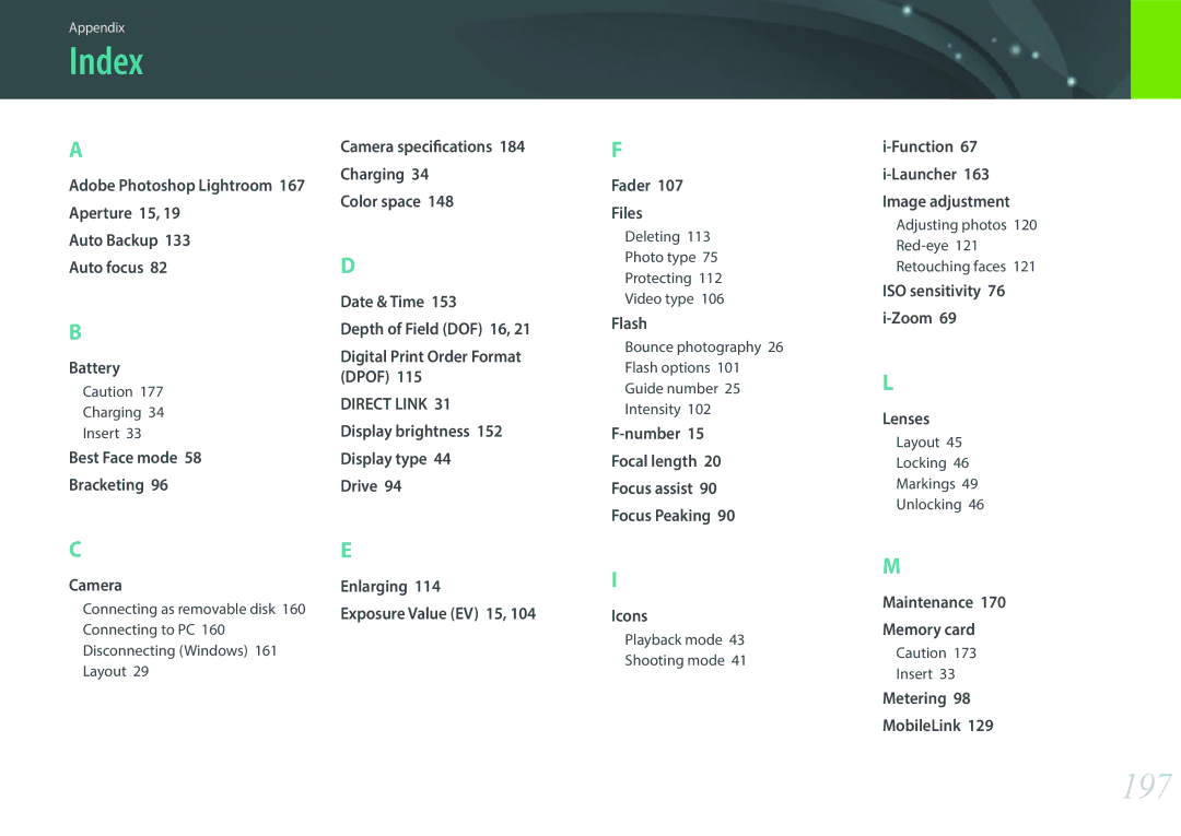 Samsung NX2000 user manual Index, 197, Adobe Photoshop Lightroom 