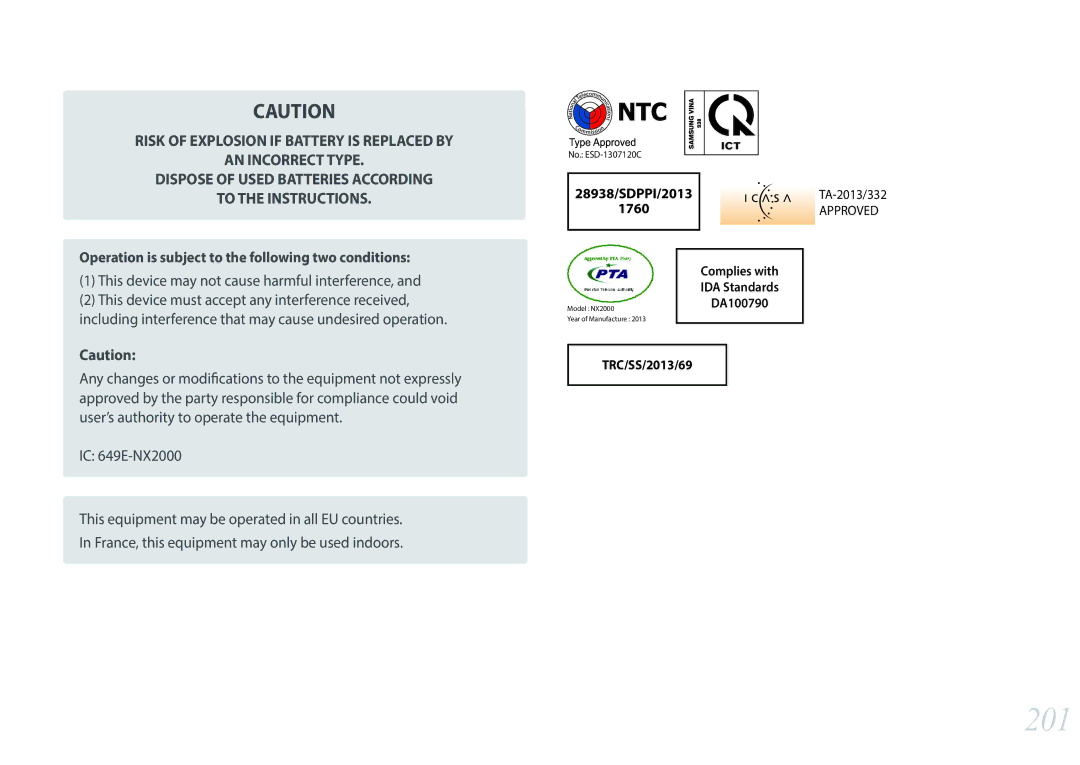 Samsung NX2000 201, This device may not cause harmful interference, Operation is subject to the following two conditions 