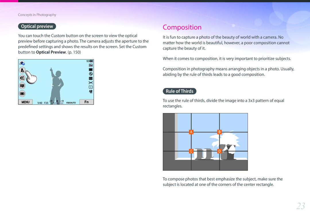 Samsung NX2000 user manual Optical preview, Rule of Thirds 