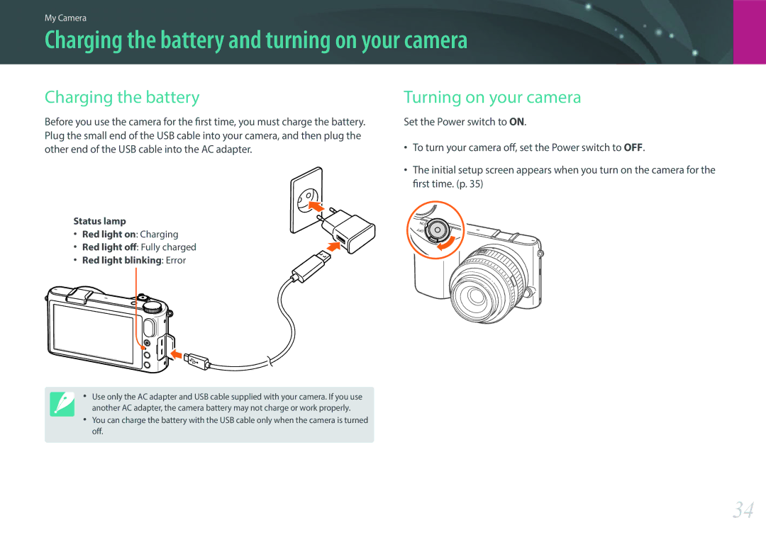 Samsung NX2000 Charging the battery and turning on your camera, Turning on your camera, Red light blinking Error 