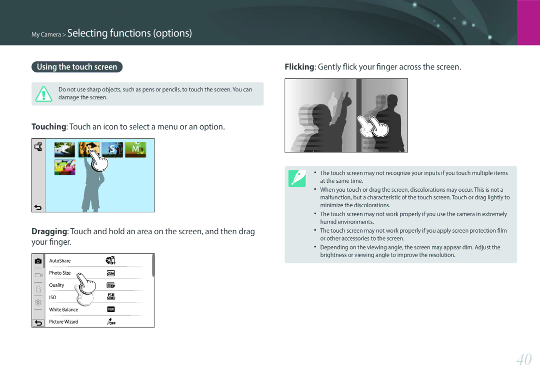 Samsung NX2000 user manual Using the touch screen, Flicking Gently flick your finger across the screen 