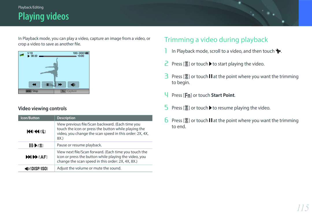Samsung EV-NX300ZBSVUS, EV-NX300ZBSTUS Playing videos, 115, Trimming a video during playback, Video viewing controls 