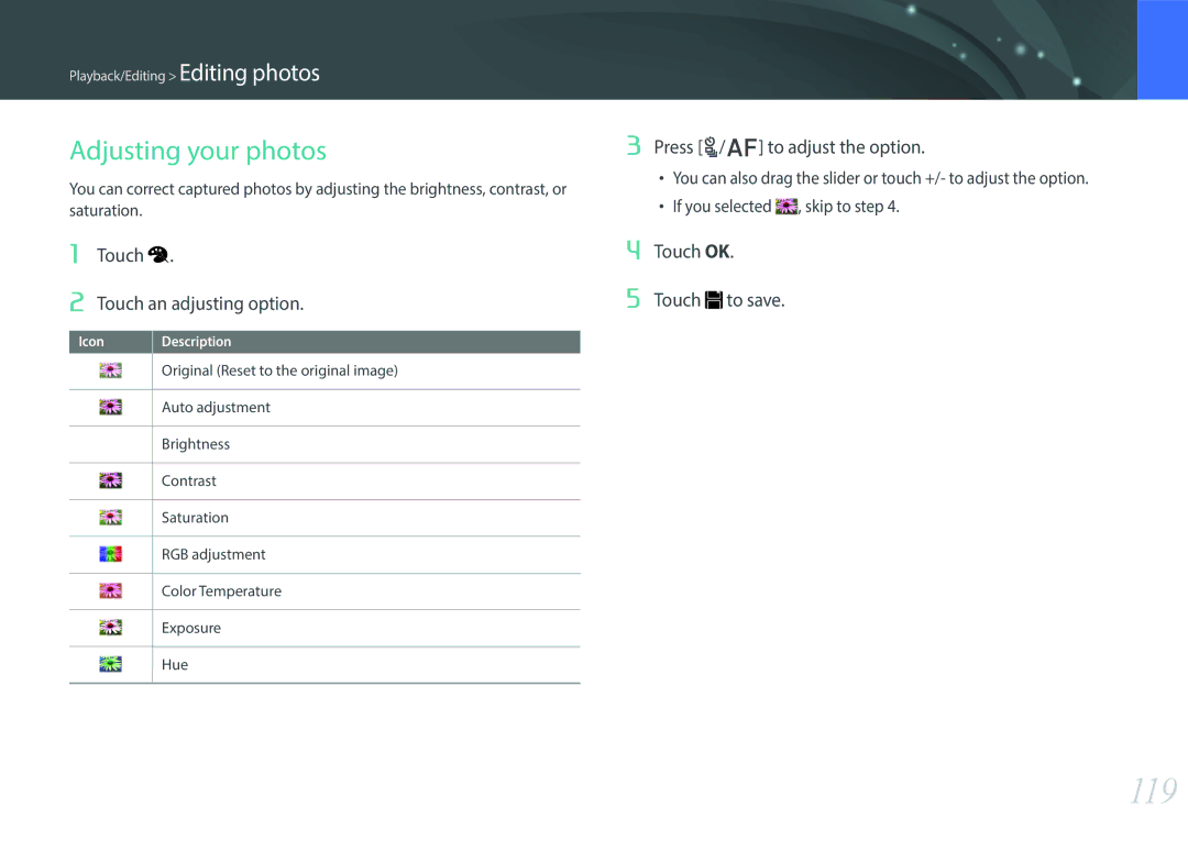 Samsung EV-NX300ZBSVUS 119, Adjusting your photos, Touch Touch an adjusting option, Press C/F to adjust the option 