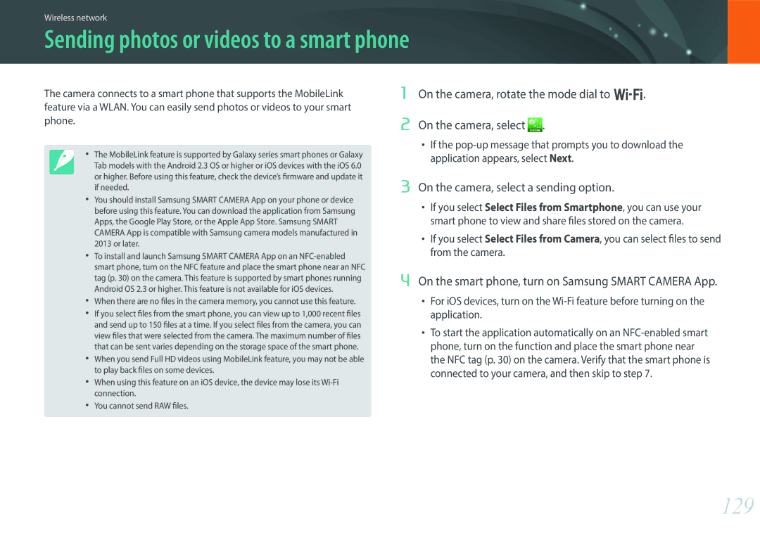 Samsung EV-NX300ZBSVUS Sending photos or videos to a smart phone, 129, On the camera, select a sending option 