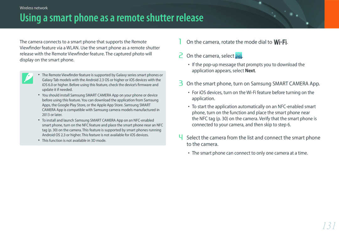 Samsung EV-NX300ZBSTUS, EV-NX300ZBSVUS, EV-NX300ZBQUUS user manual Using a smart phone as a remote shutter release, 131 