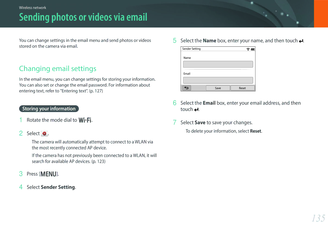 Samsung EV-NX300ZBSVUS, EV-NX300ZBSTUS, EV-NX300ZBQUUS user manual 135, Changing email settings, Storing your information 