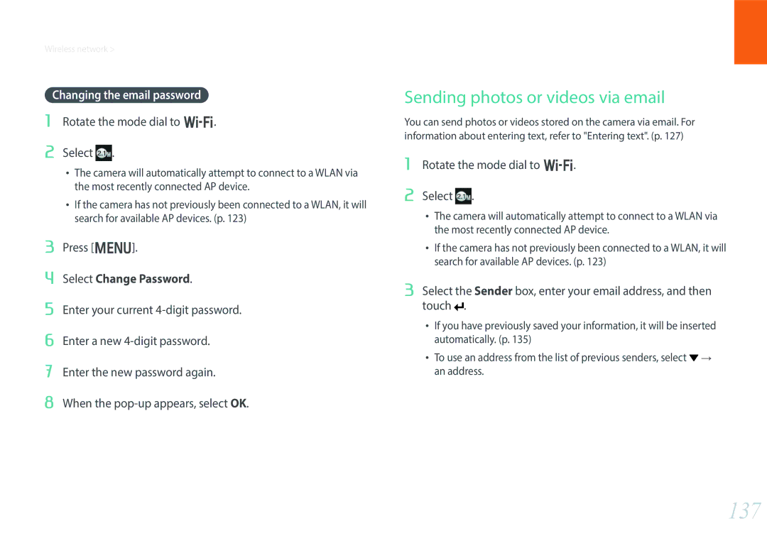 Samsung EV-NX300ZBQUUS, EV-NX300ZBSVUS, EV-NX300ZBSTUS 137, Sending photos or videos via email, Changing the email password 