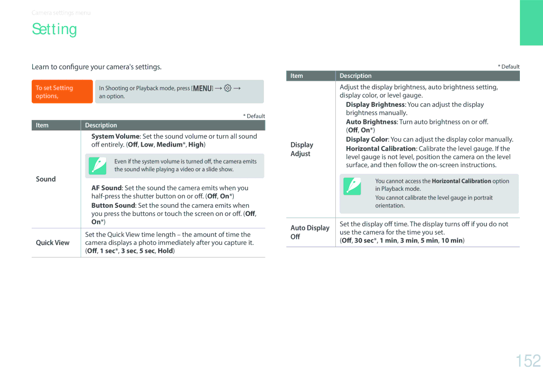Samsung EV-NX300ZBQUUS, EV-NX300ZBSVUS, EV-NX300ZBSTUS user manual Setting, 152, Learn to configure your cameras settings 