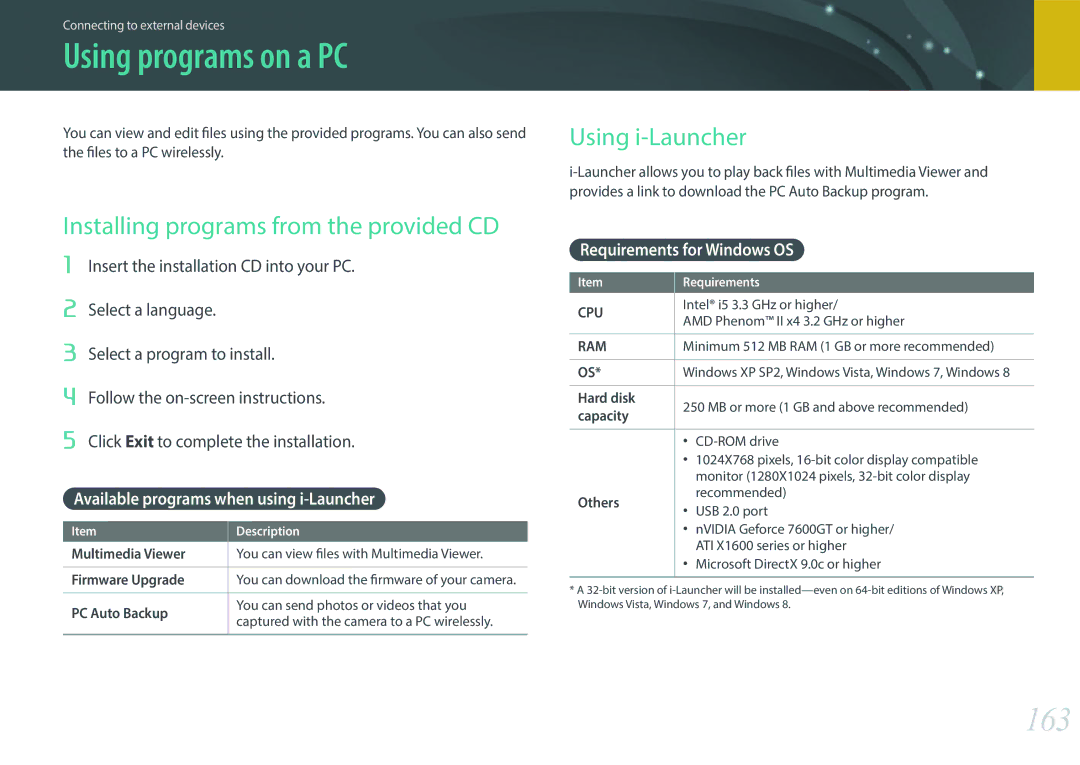 Samsung NX300 (20-50mm) White Using programs on a PC, 163, Installing programs from the provided CD, Using i-Launcher 